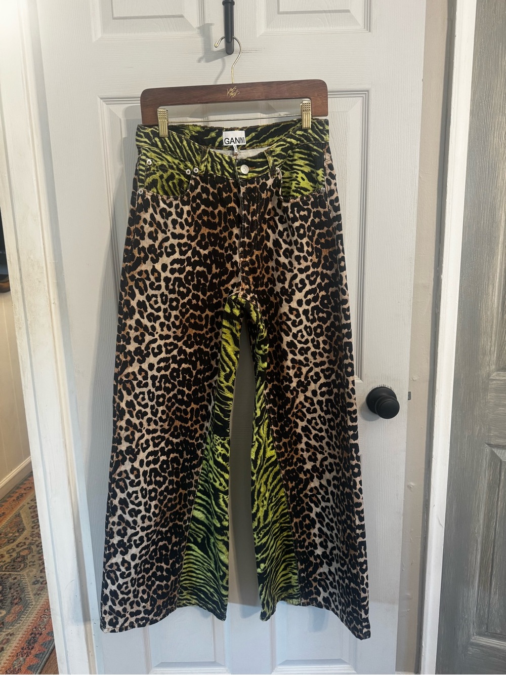 Ganni Leopard Wide-Leg Pants with Green Zebra Panel - Picture 3 of 7
